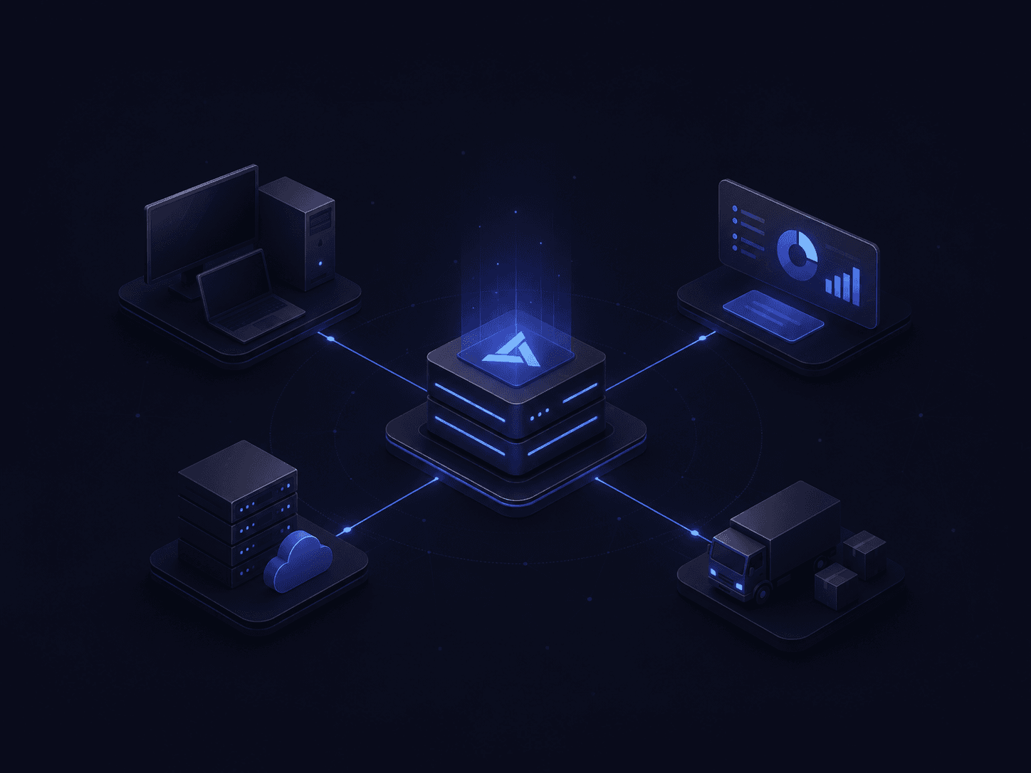 Ilustración isométrica de equipo de cómputo, tablero de indicadores, servidores en la nube y camión de logística conectados a un hub central